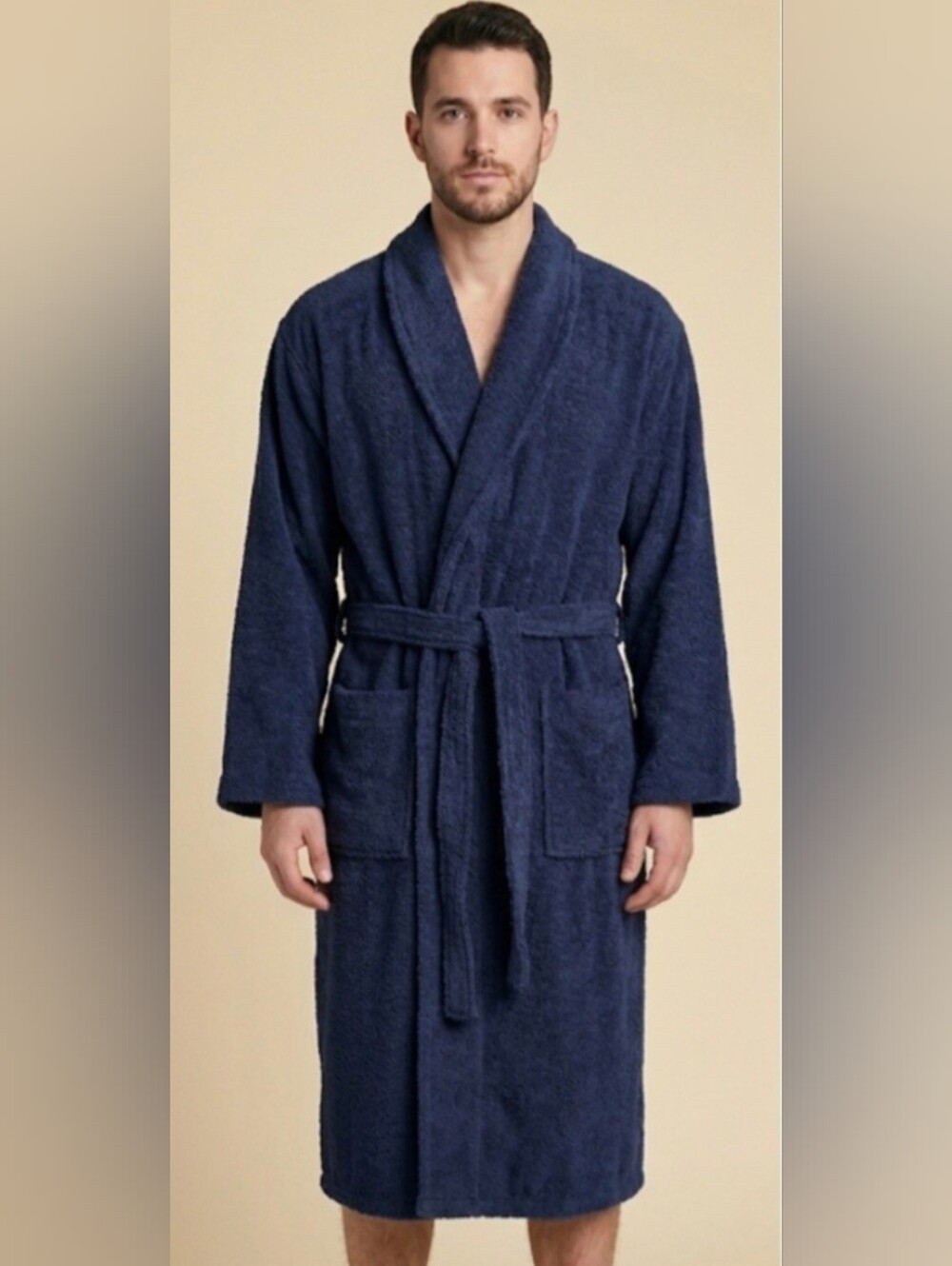 Men's 100% Cotton Terry Cloth Bathrobe Navy Blue Belted Pockets S/M 46" Chest